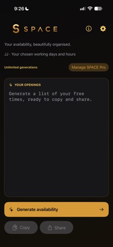 SPACE app, ready to generate availability from your calendar